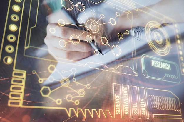 Double exposure of woman's hands on background with technology and digital coding icons Data development concept Close up