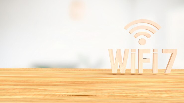 Dřevěné Wi-Fi 7 na stole pro technologický koncept 3D rendering