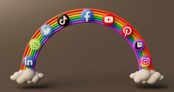 Duha se dvěma mraky a ikonami sociálních médií
