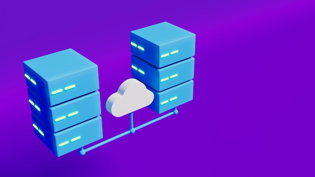 Dva informační servery propojené s cloudovými službami v purpurovém barevném scénáři, 3D rendering