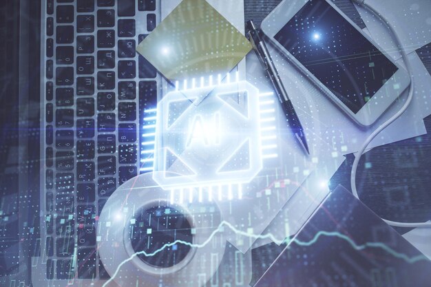 Dvojitá expozice datového hologramu nad stolem se studijními materiály a počítačem. Koncept AI