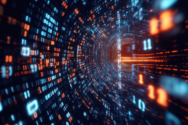 dynamic binary code visualization with bright orange and blue streams in motion representing data flow programming and cyber technology concepts