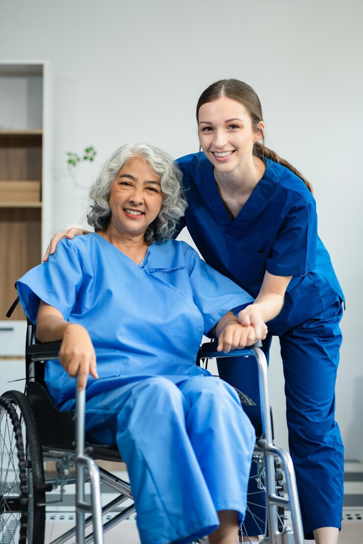 Fotografie elderly care concept portrait of nurse and her senior client on wheelchair