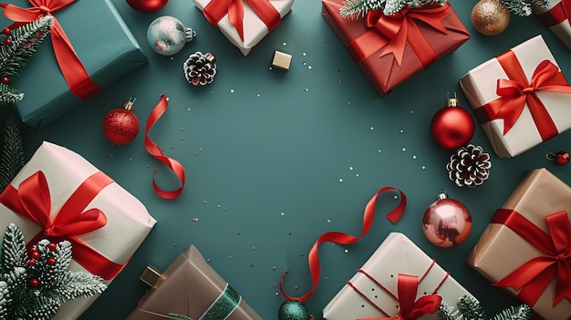Elegant gift boxes with bows arranged on a vibrant red background for festive occasions