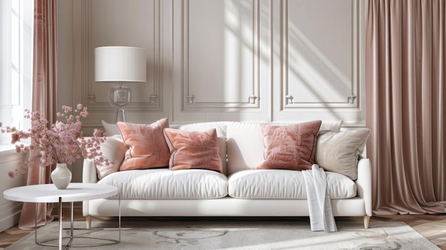 Elegant Living Room with White Sofa and Pink Pillows