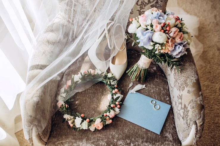 Fotografie elegant wedding bouquet with ribbon, wedding invitations, engagement rings and shoes for the bride on a chair.