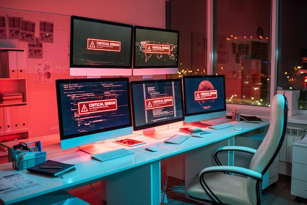 empty office with several computer screens announcing critical error