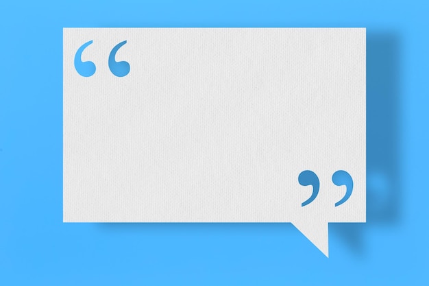 empty white note paper floating on blue art paper background and have quotation mark for design in your work