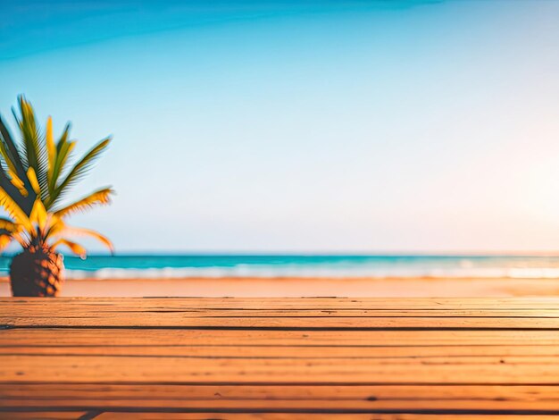 Empty wood table in front of beach background ai generative