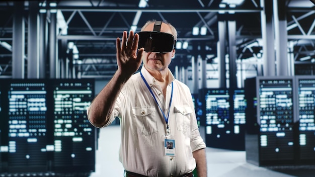 Enginner with vr headset in data center