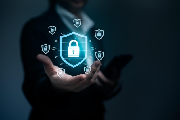 executive showcasing global cybersecurity network business person corporate executive displays a virtual global network with a secure lock symbol representing international data protection