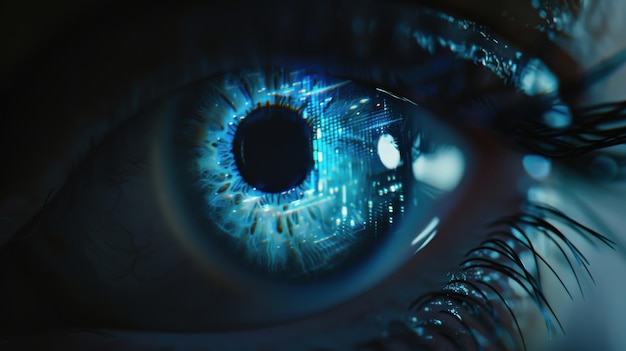 extreme closeup of an eye undergoing iris recognition scan with futuristic blue scanning light illuminating the unique iris patterns