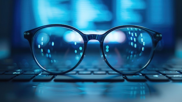 Eyeglasses are positioned on a computer keyboard with a blurred blue background reflecting in the lenses Generative AI