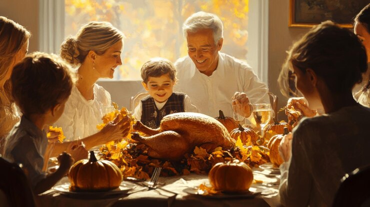 Fotografie family gathering around a thanksgiving feast