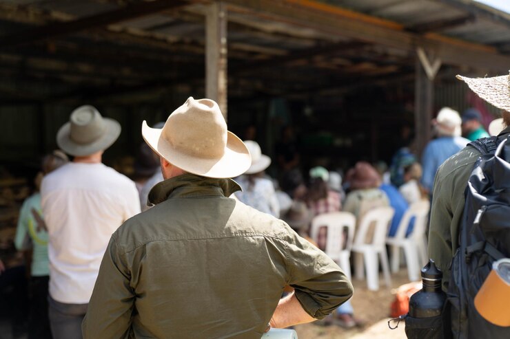 Fotografie farmers at a field day learning on a farm learning about agriculture and innovation listen to experts farming community together in for a growers field day talking to agronomist