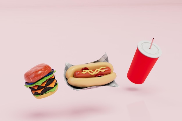fast food snacks cheeseburger hot dog and cola on a pink background 3d render