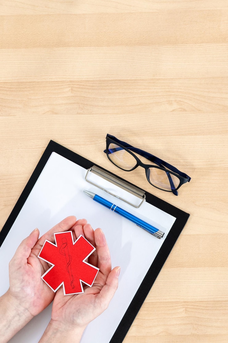 Fotografie female hands holding medical symbol clipboard and glasses on wooden desk top view