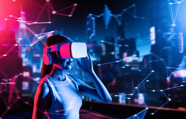 female in metaverse raise right hand hold goggles look faraway hallucination