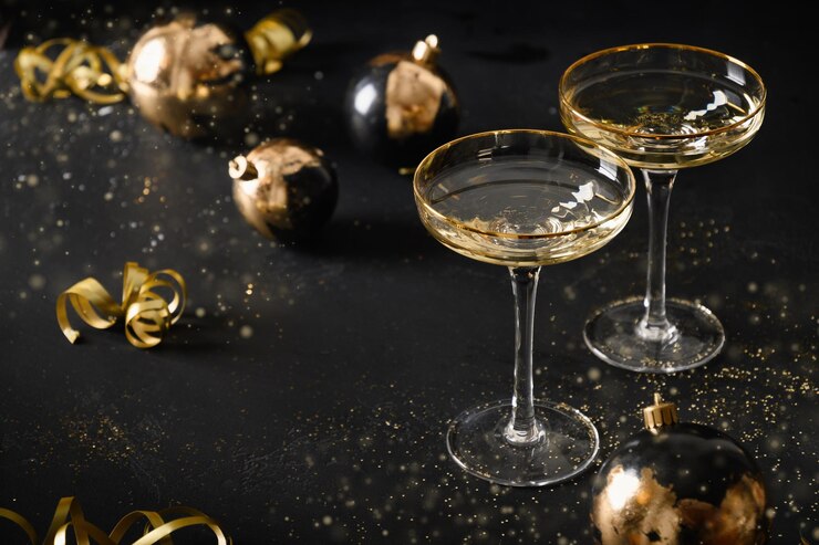 Fotografie festive new year champagne flutes and christmas gold baubles on black background