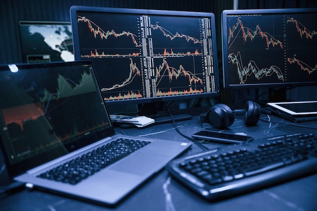 financial analyst working on a computer with multimonitor workstation