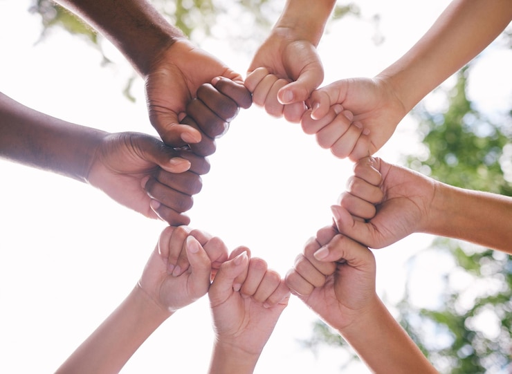 Fotografie fist bump circle and hands of people in park for support agreement and collaboration in nature diversity volunteer group and below of friends for teamwork community and solidarity outdoors