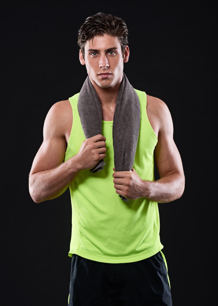 Fotografie fitness portrait and strong man in studio with towel for sweat workout and pride for wellness exercise health and athlete by black background for results muscles and confident bodybuilder