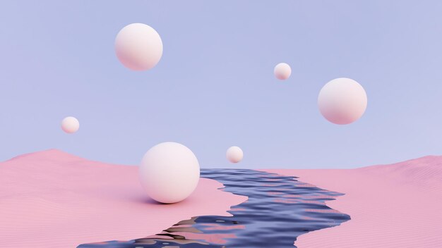floating spheres above a pink landscape