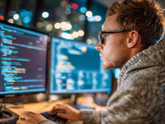 Focused young programmer working on coding projects with multiple monitors in a dimly lit tech workspace displaying blurred programming screens at night