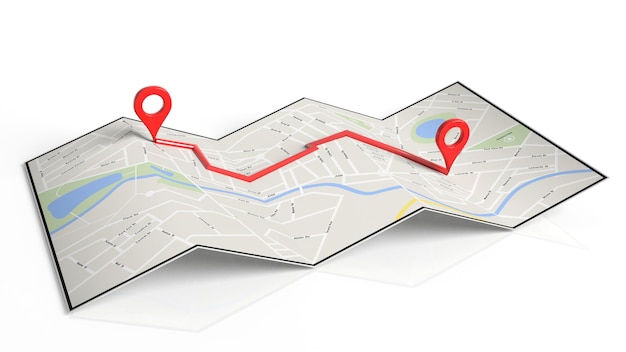 Folded paper map with two red pointers set on route isolated on white background