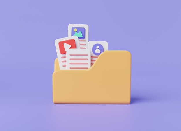 folder icon with paper document image profile video file computer folder folder with files paper icon gallery data file management concept cartoon style minimal 3d rendering illustration