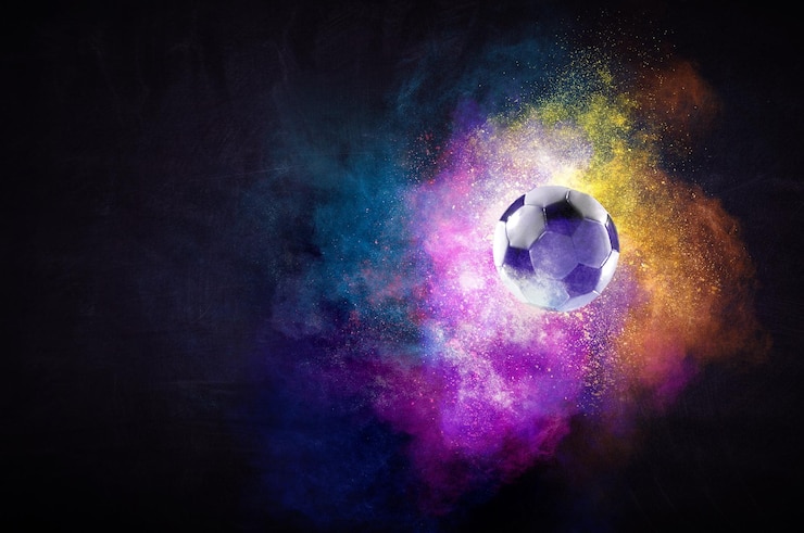 Fotografie football ball on colourful dark background. mixed media