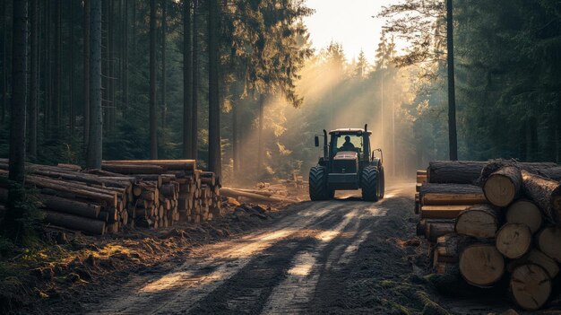 Forest path with a tractor moving through cut logging