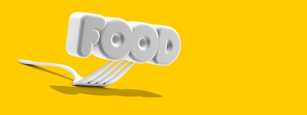 fork on a yellow background with the word food forks for the design of a restaurant cafe pizzeria minimalistic kitchen fork design for advertising purposes