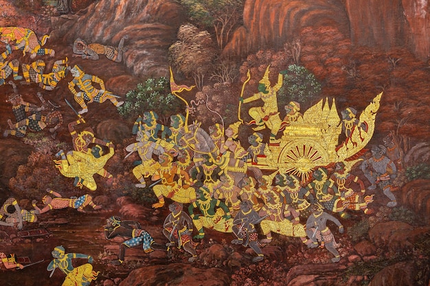Fragment fresky se scénou z Ramakienu ve Wat Phra Kaew nebo Chrámu smaragdového Buddhy, turistická