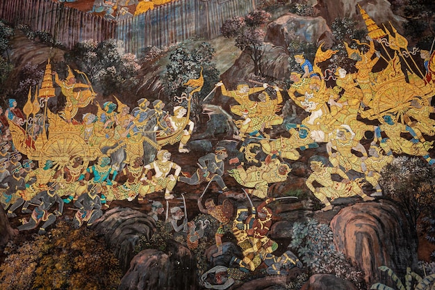 Fragment fresky se scénou z Ramakienu ve Wat Phra Kaew nebo Chrámu smaragdového Buddhy, turistická