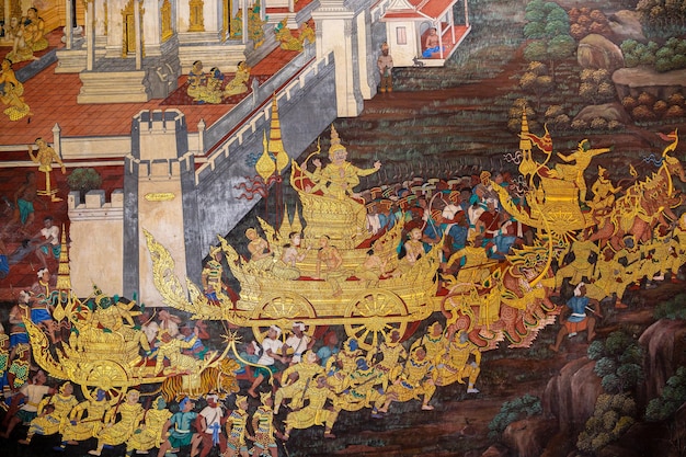 Fragment fresky se scénou z Ramakienu ve Wat Phra Kaew nebo chrámu Smaragdového Buddhy.