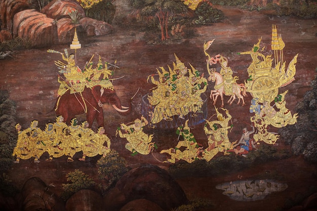 Fragment fresky se scénou z Ramakienu ve Wat Phra Kaew nebo chrámu Smaragdového Buddhy.