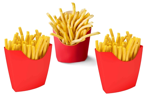 french fries or fried potatoes in a red carton box isolated on white background with clipping path and full depth of field