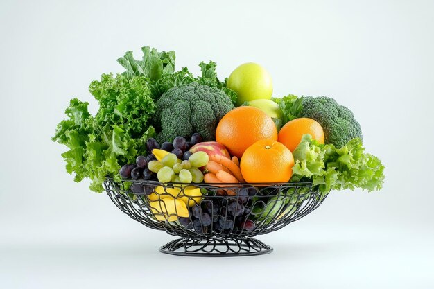 fresh fruits and vegetables in a metal bowl on a white background