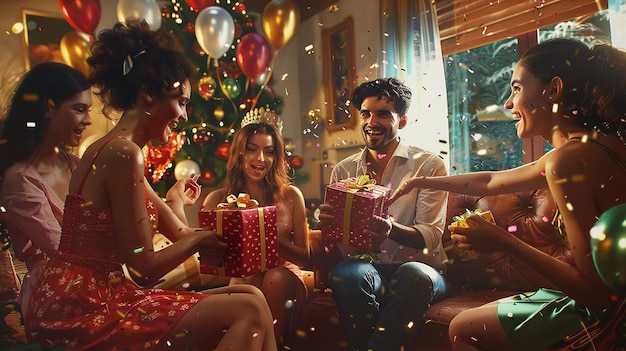 friends exchanging gifts in a cozy indoor setting
