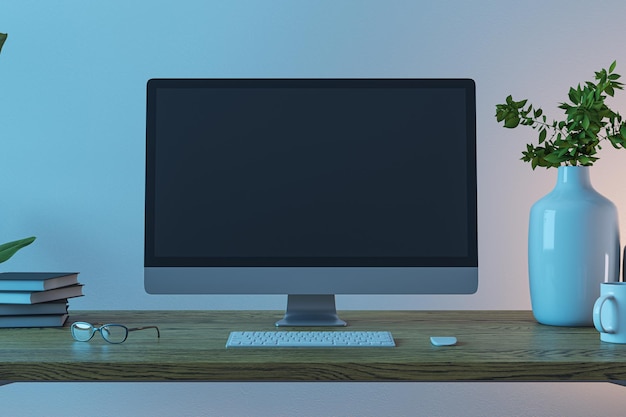 Front view on blank black modern computer monitor with space for web design website landing page on wooden work table with eyeglasses and keyboard on dark wall background 3D rendering mockup