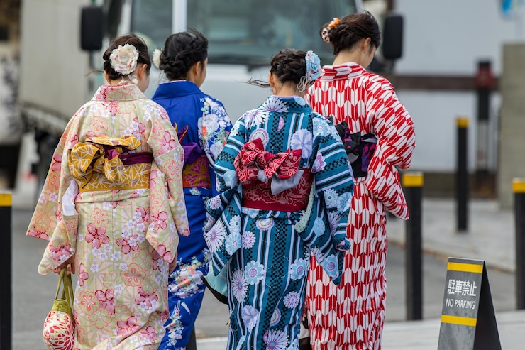 Fotografie full frame view of women in traditional kimonos walking away