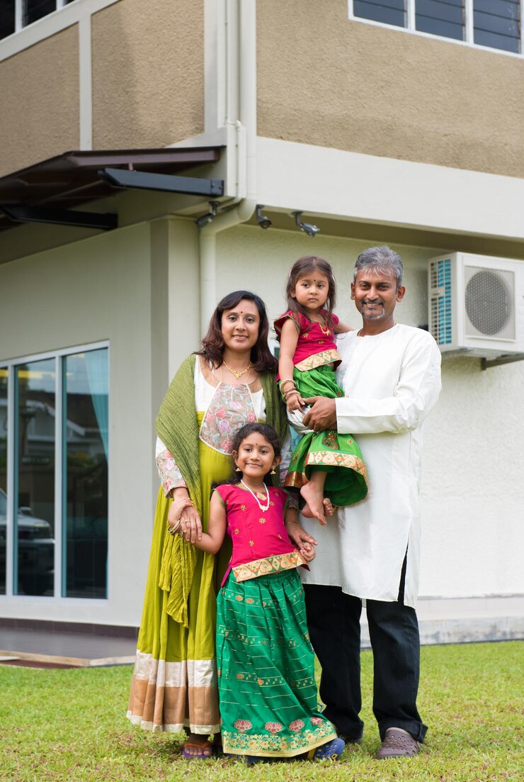 Fotografie full length of happy family standing against house