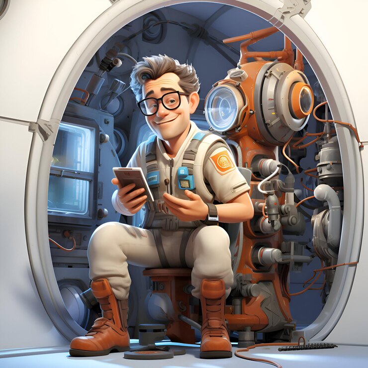 Fotografie funny astronaut with smartphone in spaceship interior 3d rendering
