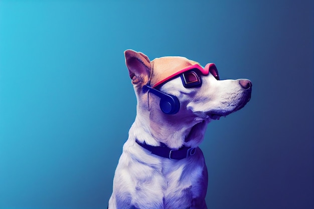 Funny dog wearing vr headset looking upward studio photography Copy space cute dogs human actions