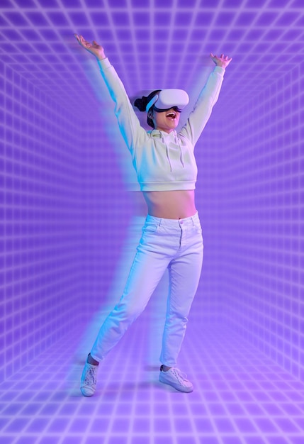 future dance or woman in vr or metaverse on purple background gaming cyberpunk or scifi on digital overlay dancing virtual reality user or happy fantasy gamer person in 3d experience in studio