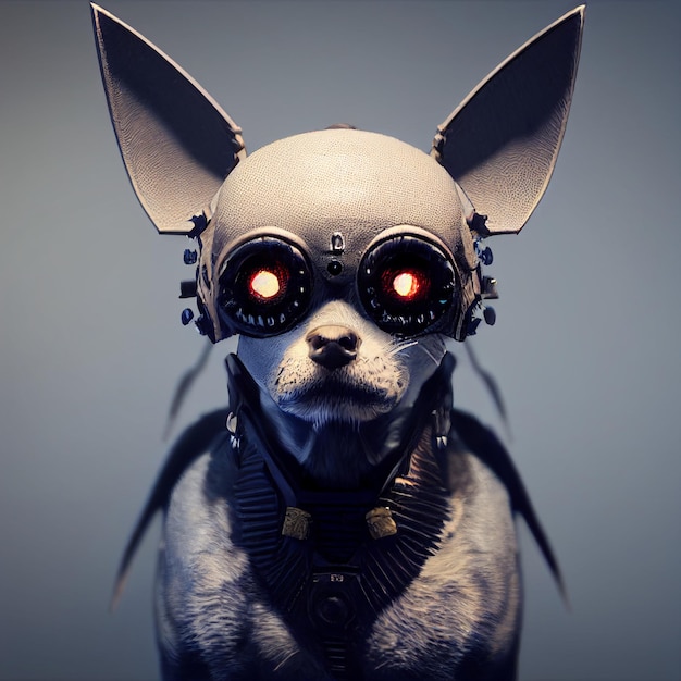 futurist robotic dog with helmet photomontage