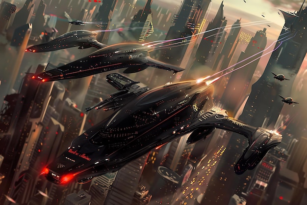 futuristic cityscape with spaceships flying over city buildings