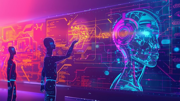 Futuristic digital interface with artificial intelligence concept featuring holographic displays and