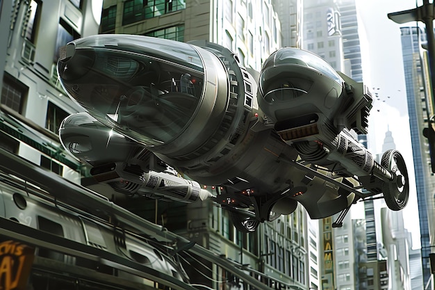 futuristic flying vehicle soaring over a city